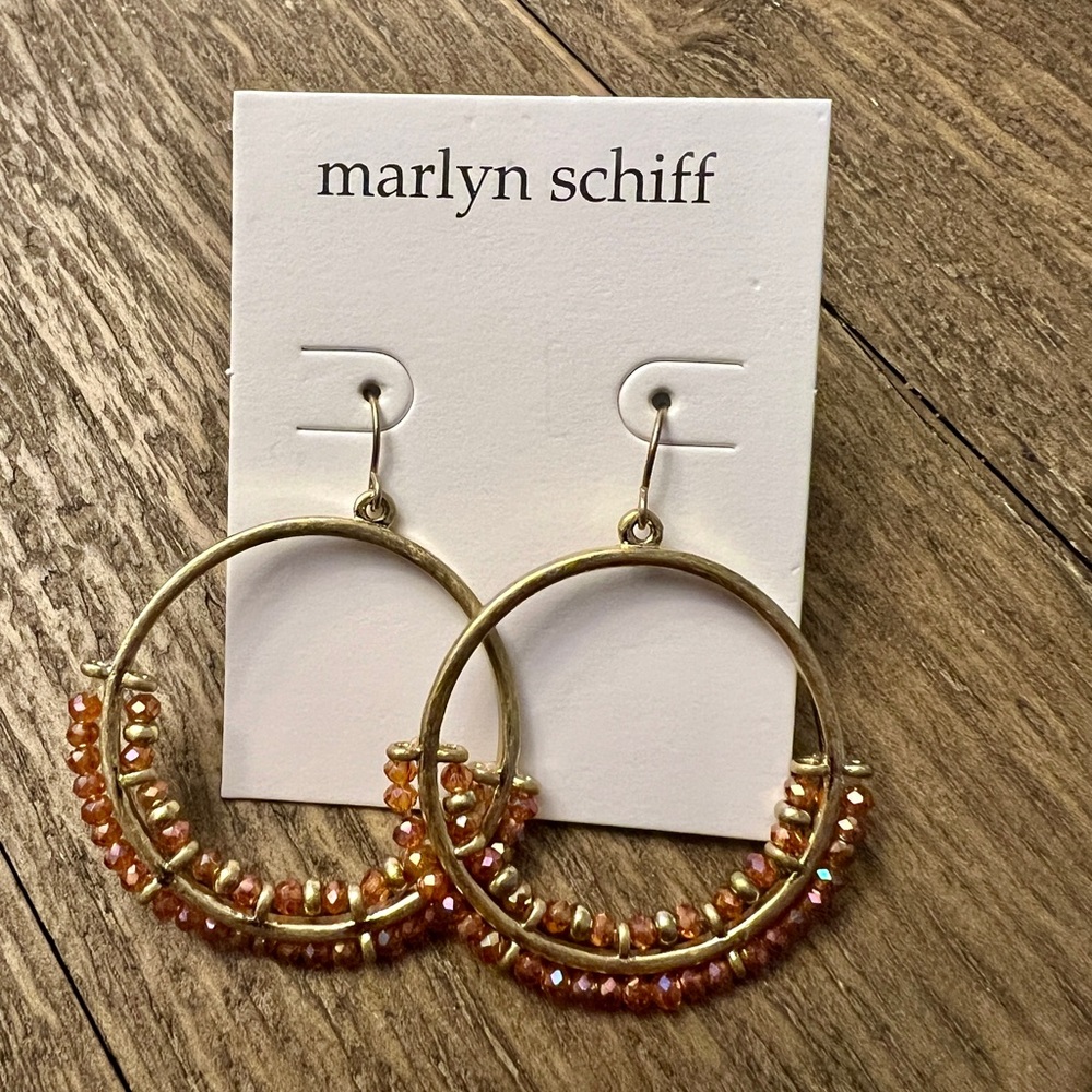 NEW MARLYN SCHIFF Boho Drop Hoop Earrings in Gold Tone w/Salmon Colored Beads